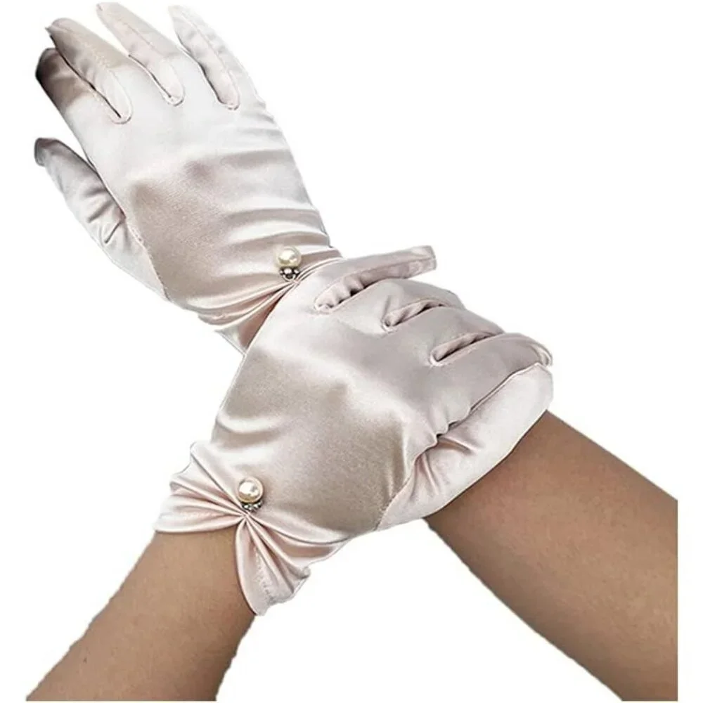 Women's Champagen Satin Pearl Wedding Dress Party Wrist Gloves Short Length